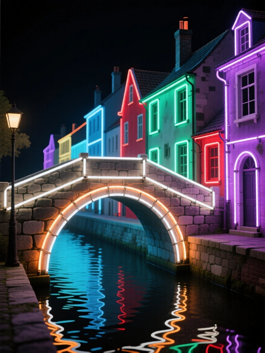 A stone bridge arching over a canal lined with old townhouses.