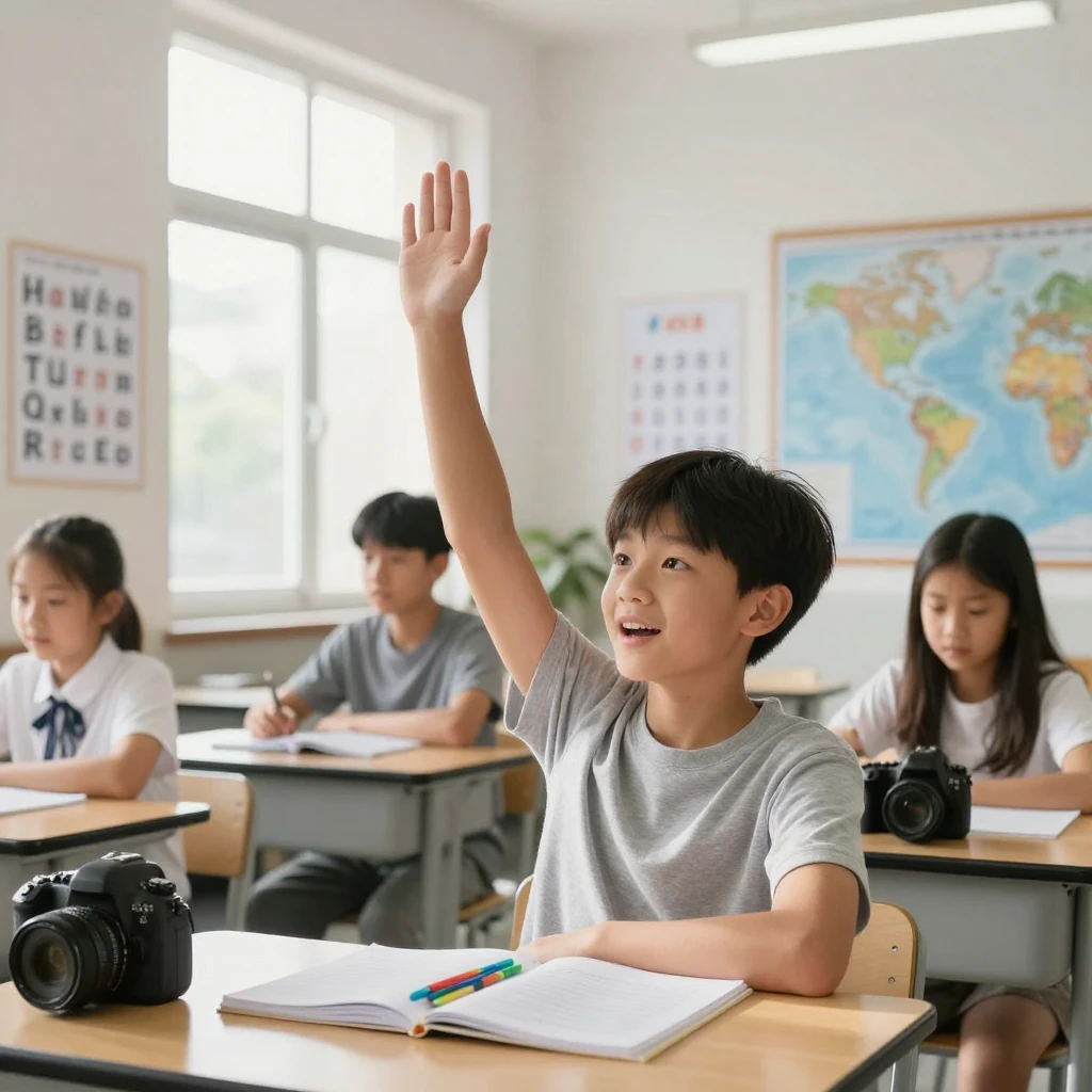 A student raising a hand eagerly in a bright classroom