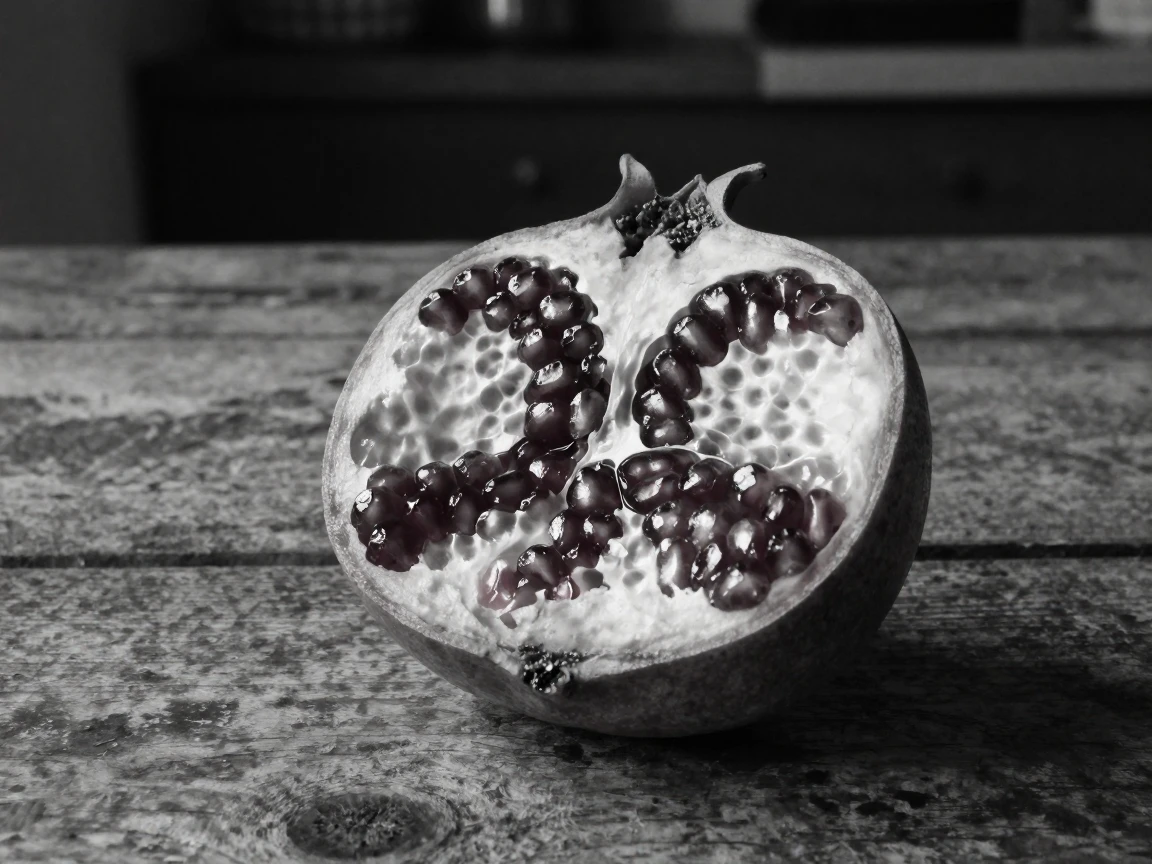 A ripe pomegranate splits open to reveal ruby-red seeds on a rustic kitchen table.
