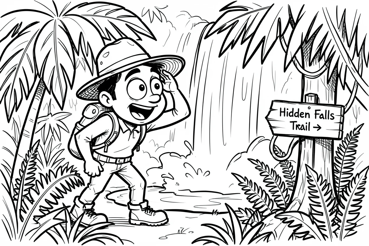 [Travel & Cultural Experiences] Vivid travel scene of a hiker discovering a hidden waterfall in a tropical jungle, full of wonder and adventure