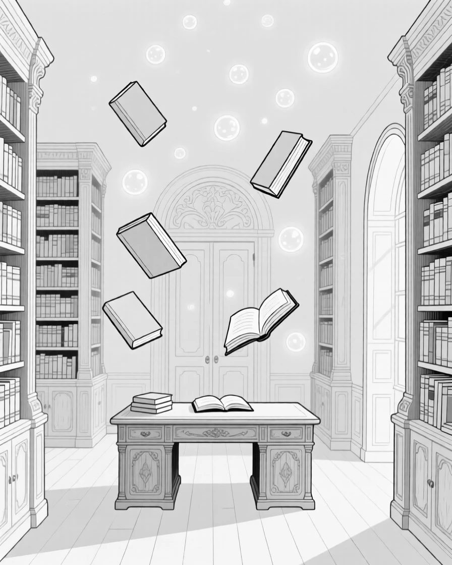 A magical library with floating books and glowing orbs