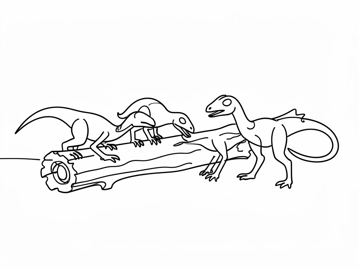 A group of Compsognathus scavenging near a fallen prehistoric log
