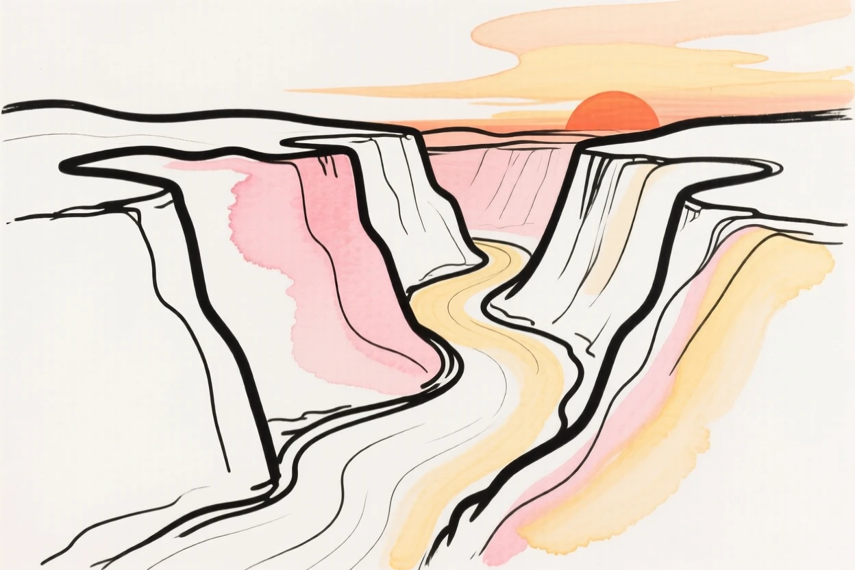 A canyon at sunset in warm hues