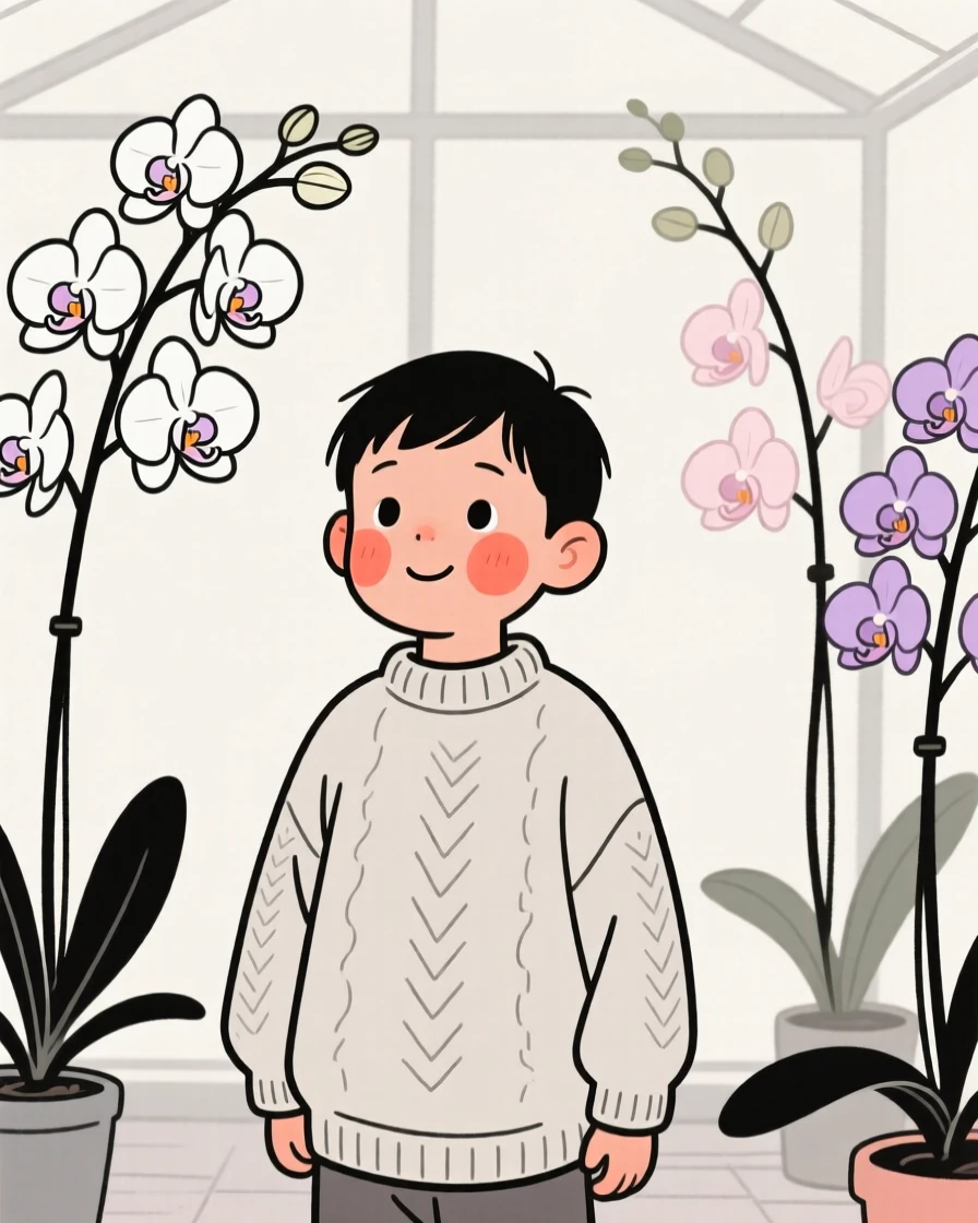 A little boy of Mongolian heritage in a cozy oversized sweater, full of curious wonder, in a greenhouse full of orchids.