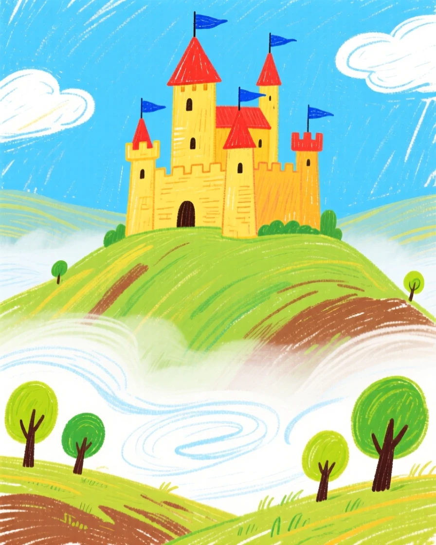 A hillside castle overlooking a valley filled with morning mist.