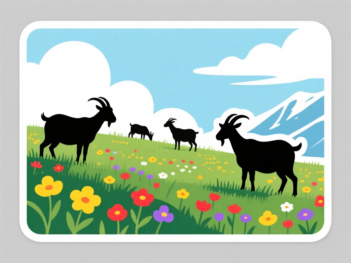 A vibrant alpine meadow with grazing goats, with soft clouds drifting overhead, untouched and wonderfully quiet.