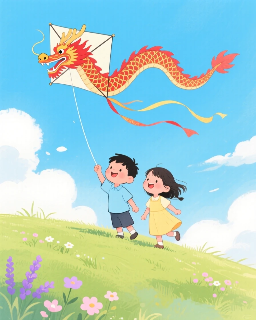 Two children flying a paper kite shaped like a dragon over a hilltop.