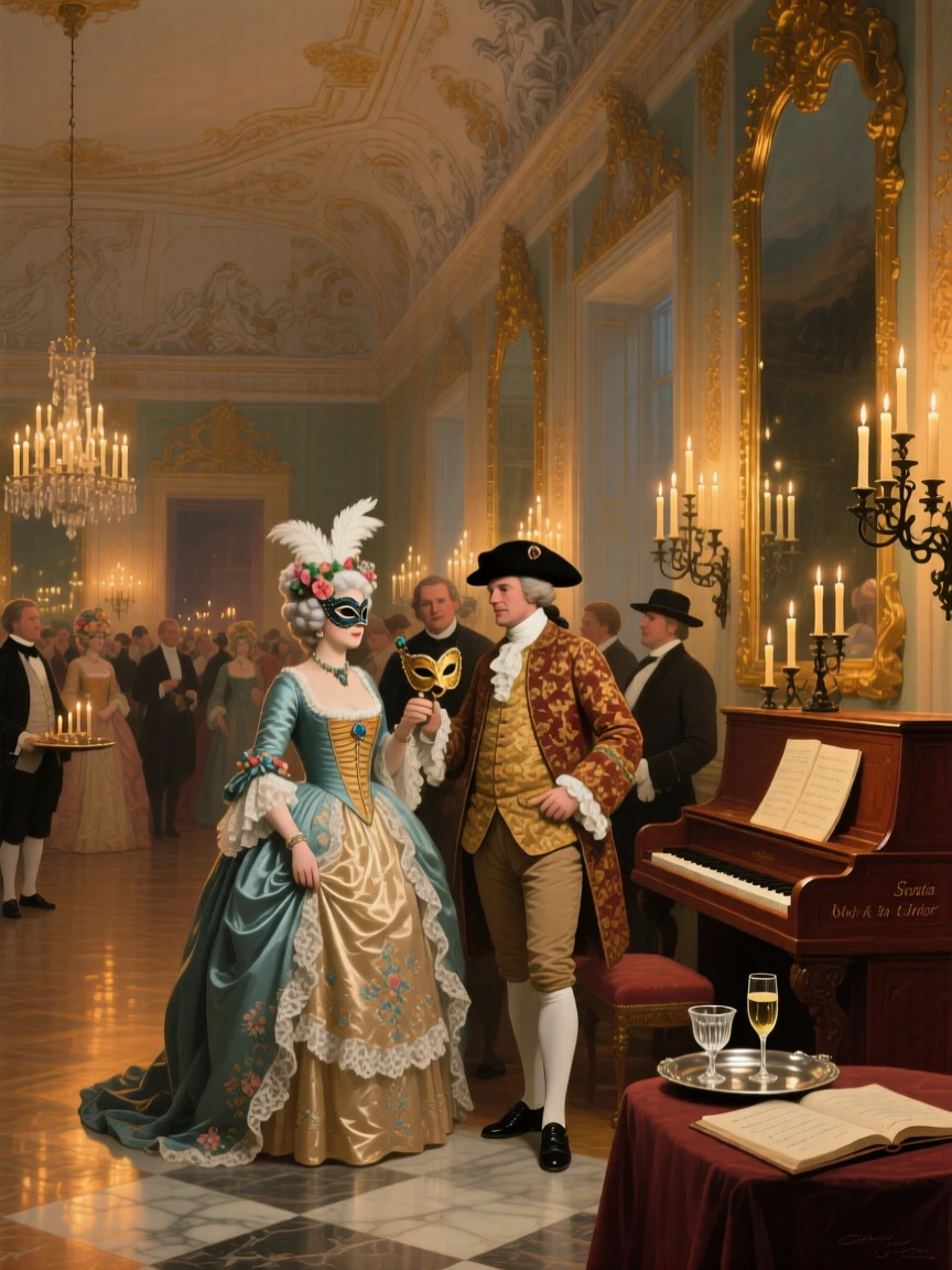 A grand 18th-century masquerade ball inside a candlelit palace hall, with authentic textures and materials true to the historical period, designed to feel both historically authentic and visually striking