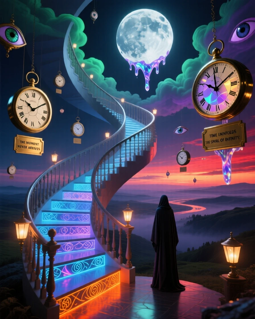 A spiral of stairs that loops seamlessly into itself like a ribbon stretches into a horizon that never quite arrives, as every clock within view shows a different, ticking hour.