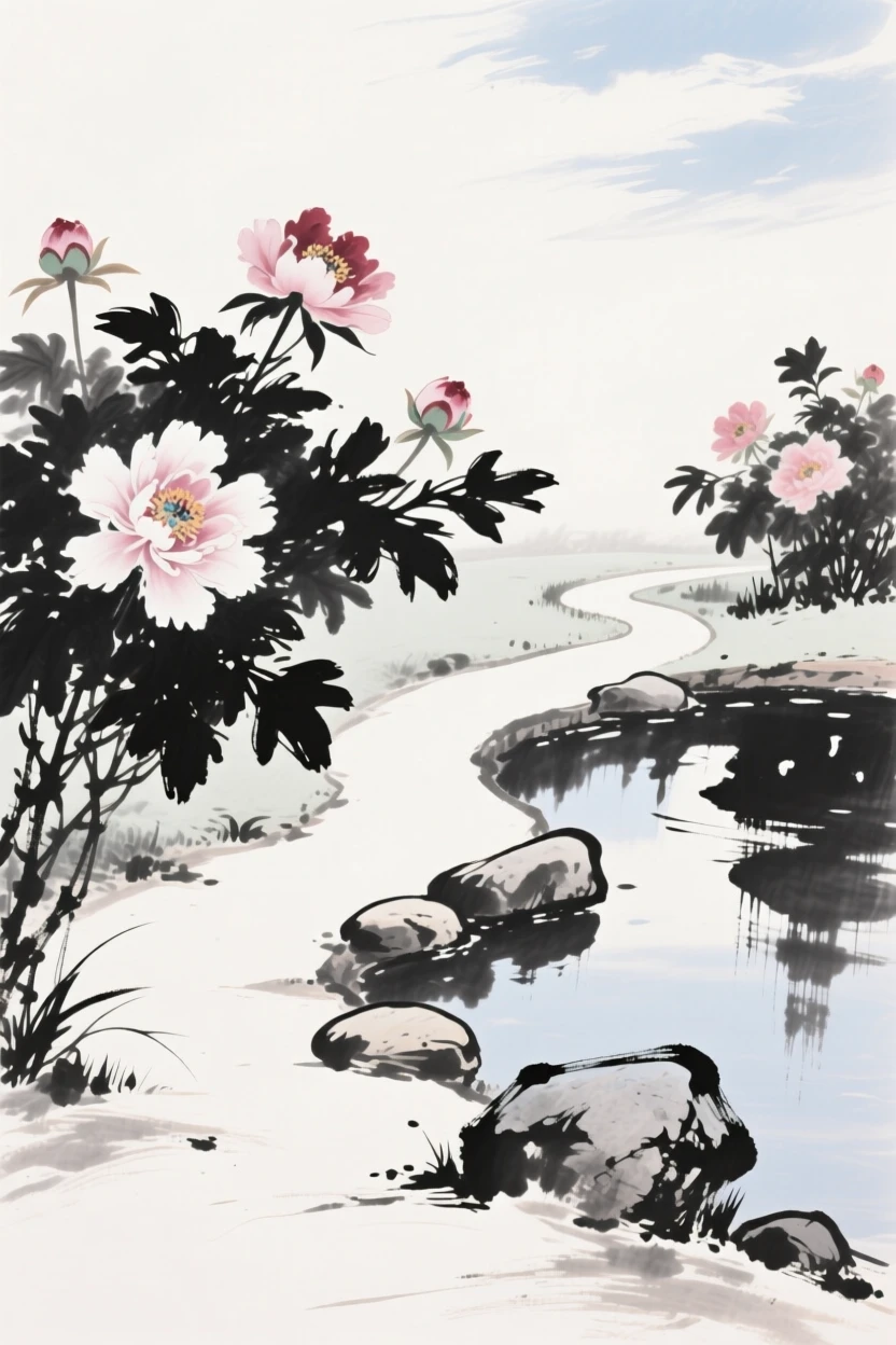 Peonies bloom beside a winding garden path lined with smooth stones, beside a small pond reflecting the summer sky.