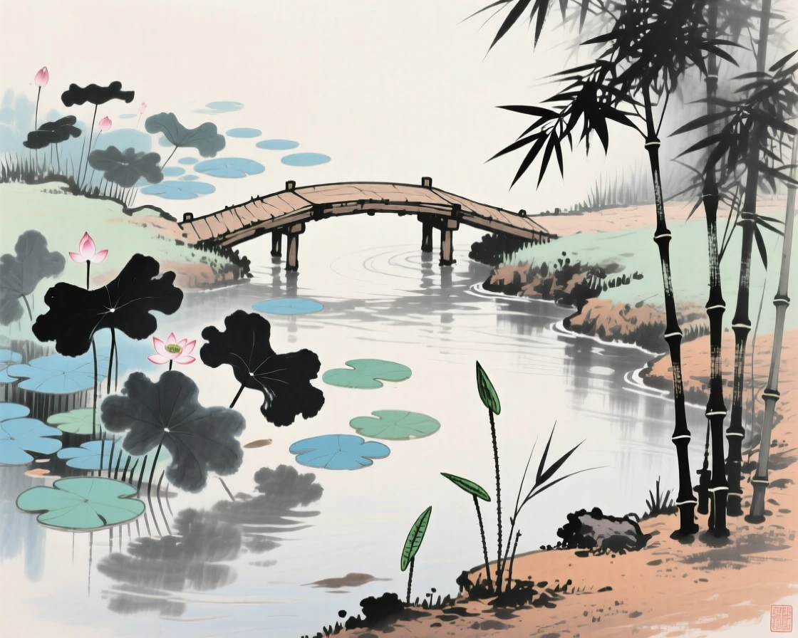 A tranquil garden pond dotted with lotus leaves, where a narrow footbridge spans the stream, as new bamboo shoots break through the soil, touched with gentle melancholy.