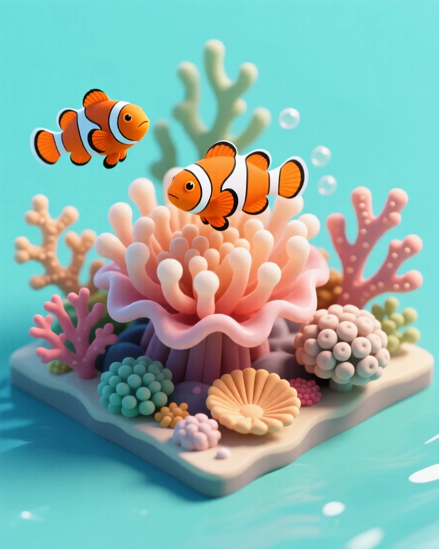 A pair of clownfish darting playfully among the tentacles of a vibrant sea anemone in a coral reef.