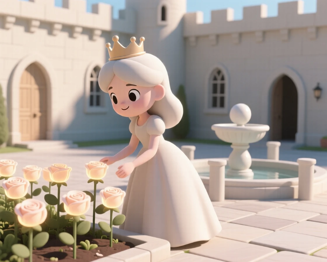 A gentle princess tends a garden of glowing roses beside a fountain in a sunlit castle courtyard.
