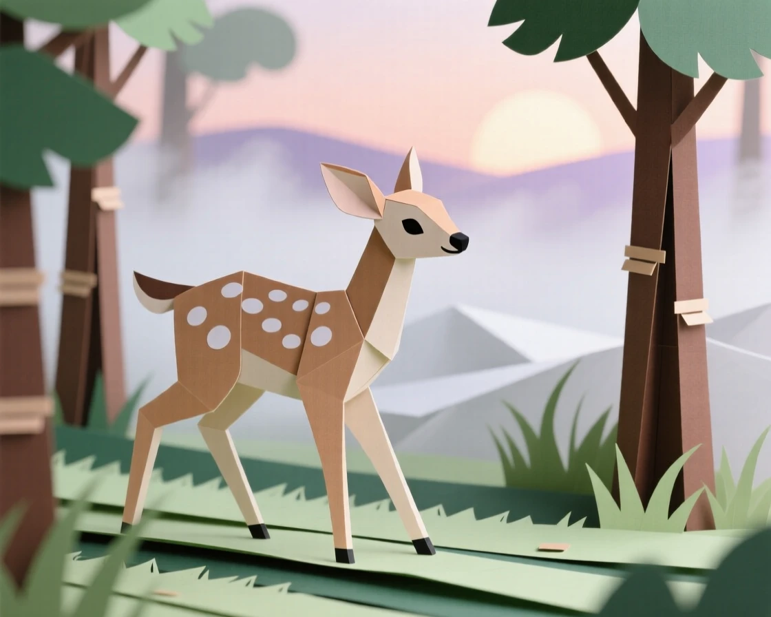 A spotted fawn exploring a misty forest at dawn, with a gentle breeze rustling the grass, conveying quiet dignity and grace.