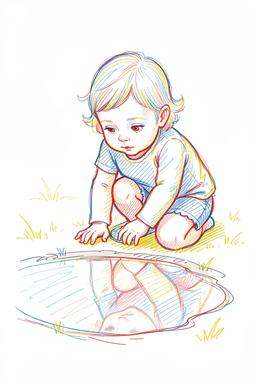 A toddler discovering her reflection in a puddle for the first time