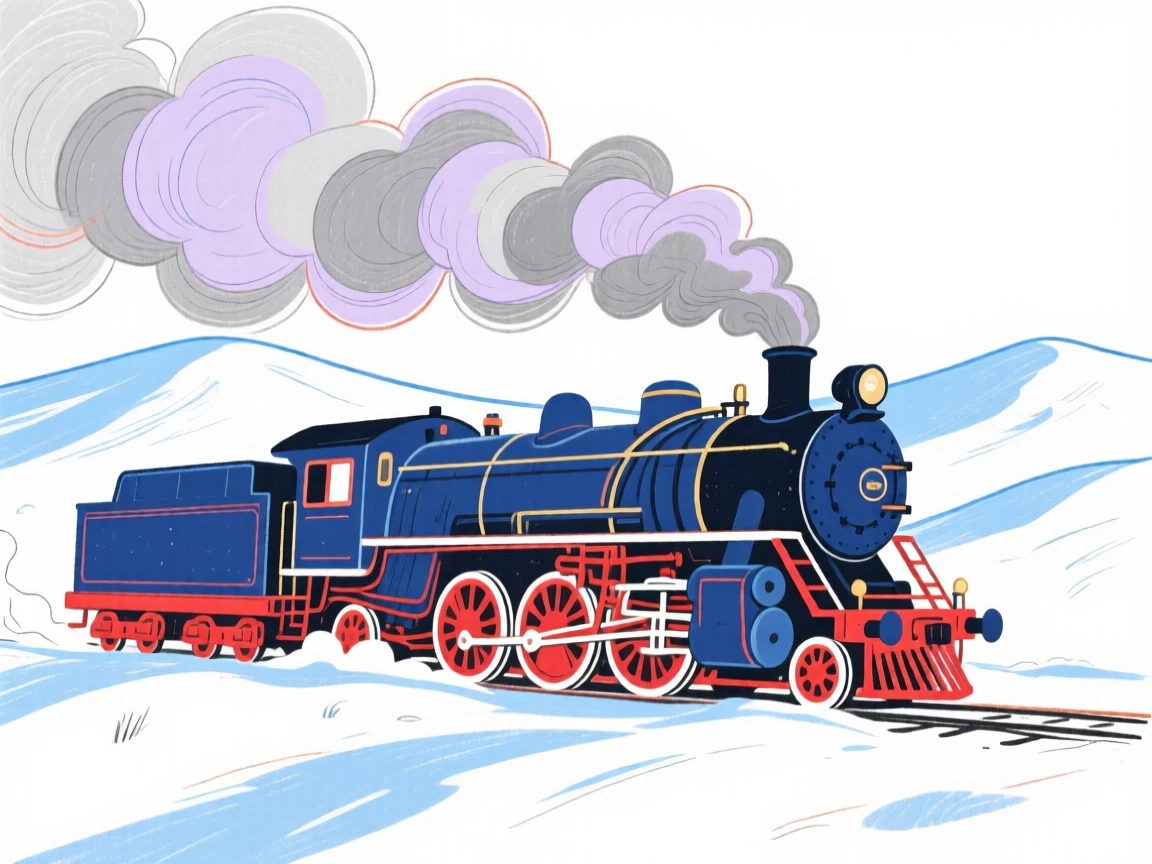 A steam locomotive billowing smoke through snowy hills.