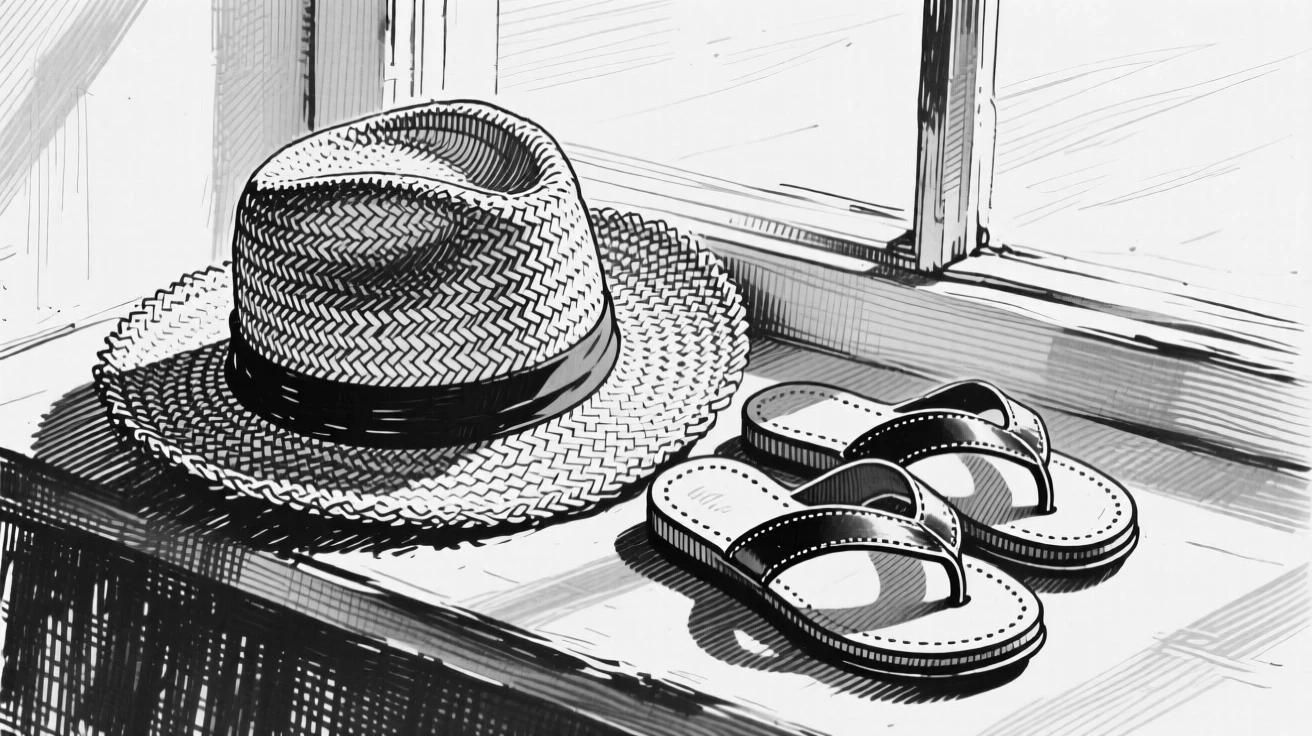 A straw sunhat and a pair of sandals resting on a sunlit windowsill, with soft natural light falling across its surface, forming a richly textured still-life study.