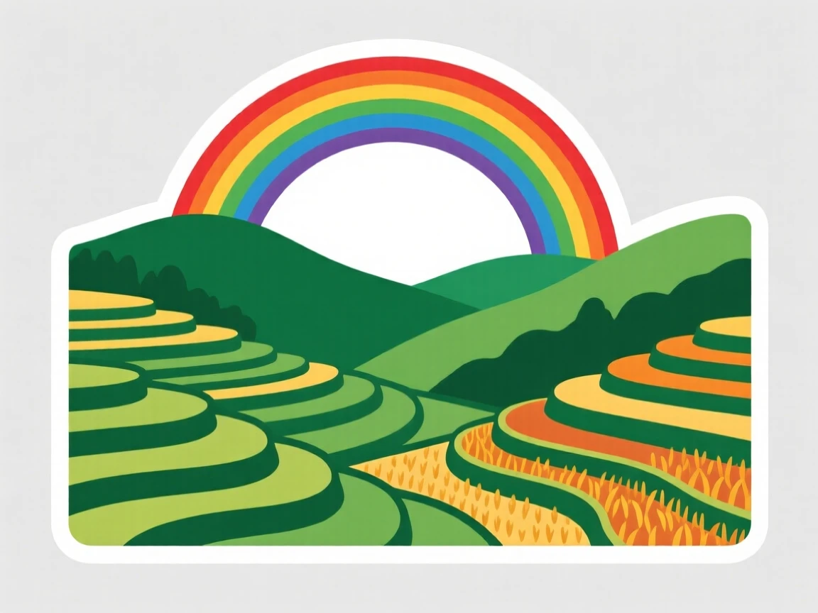 A vibrant rice terraces carved into green hills, framed by a gentle rainbow, as the seasons begin to change.
