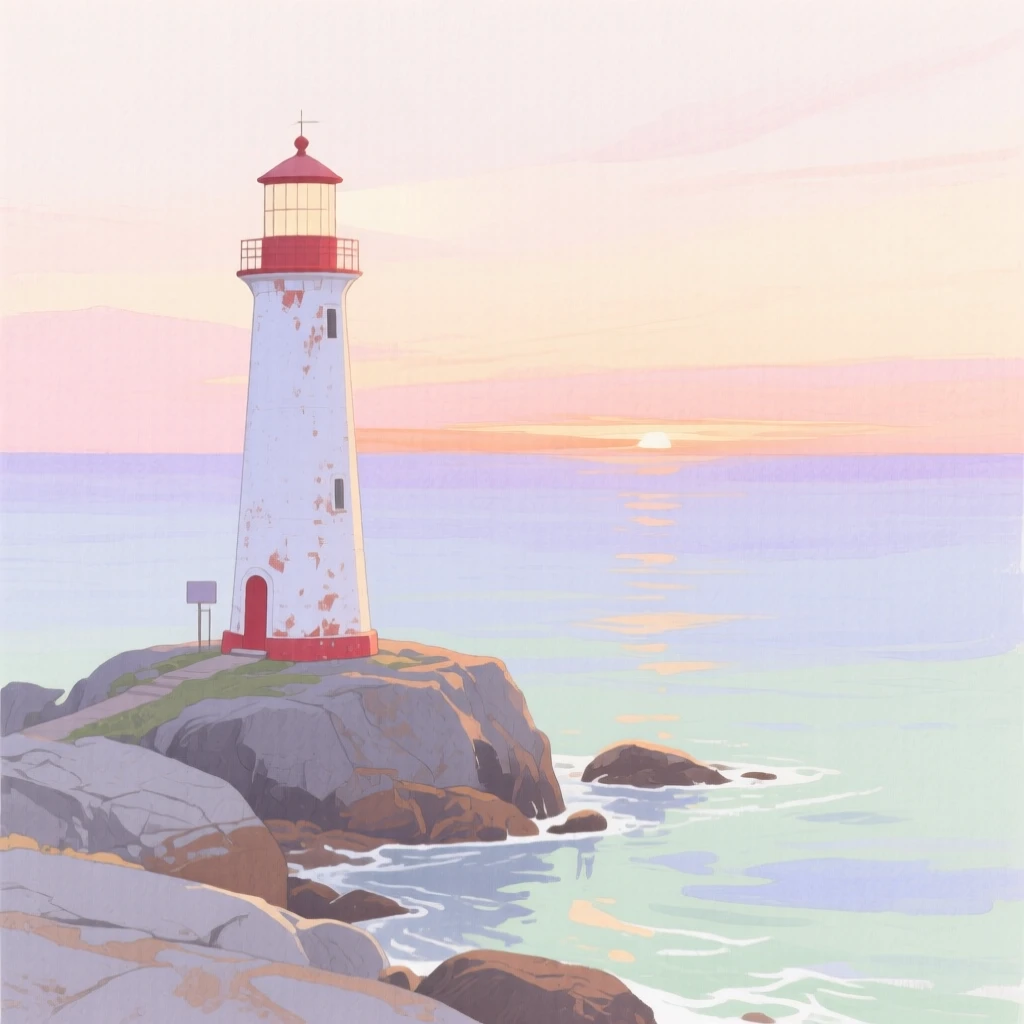 A serene view of a solitary lighthouse point, as soft light breaks over the horizon, evoking calm and quiet reflection