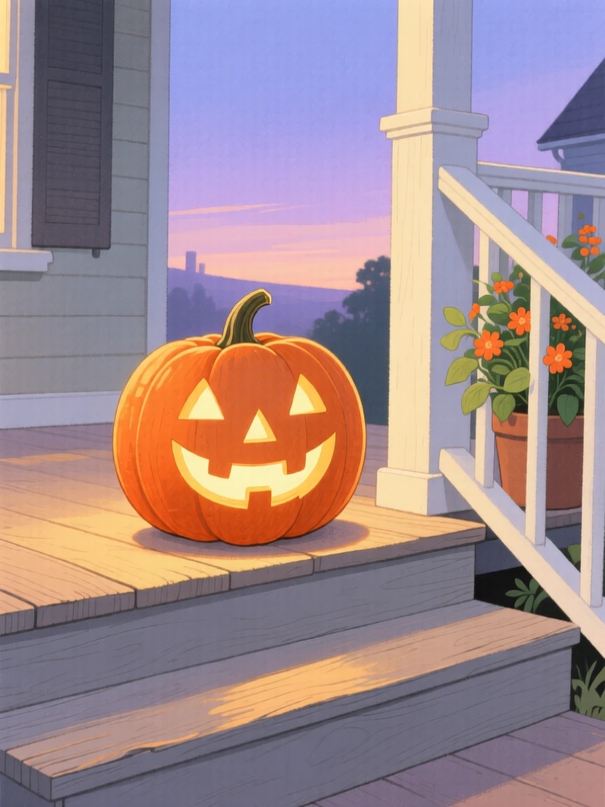 A jack-o'-lantern glowing on a porch step at dusk, filled with seasonal charm.