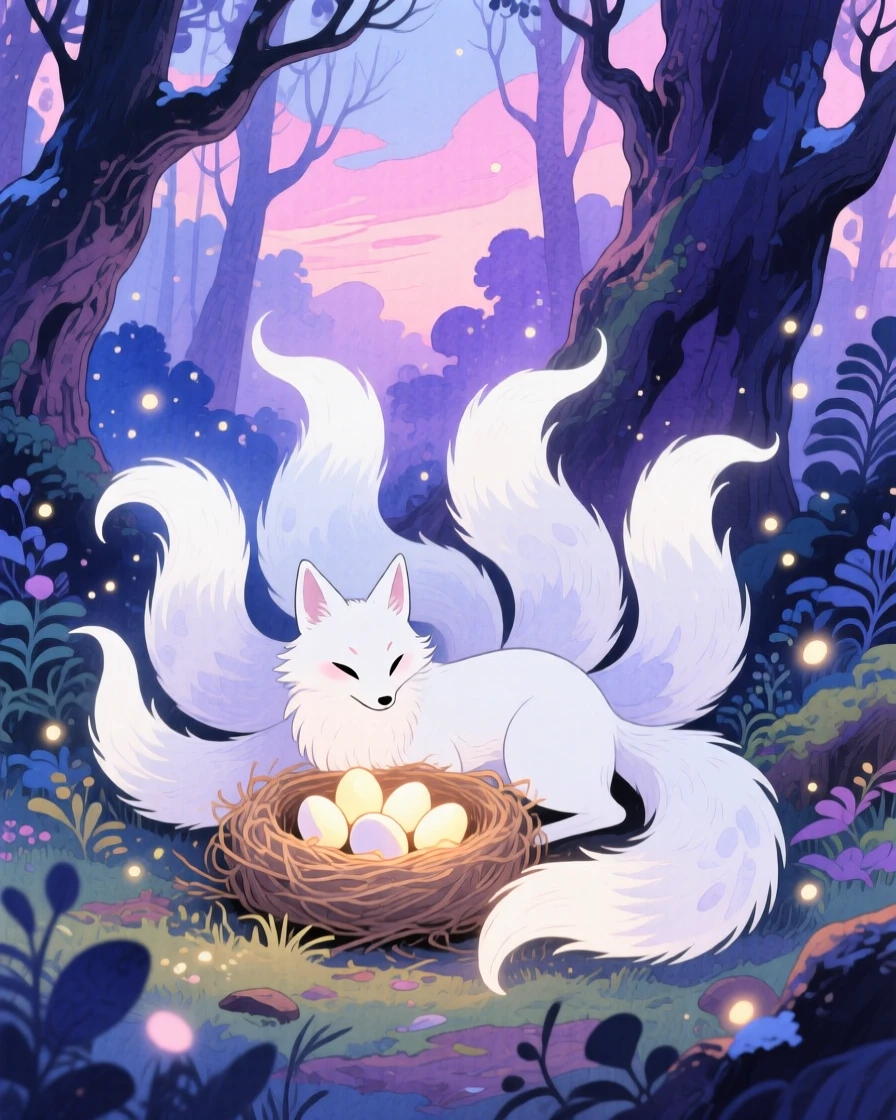 A snow-white kitsune with nine tails curling protectively around a nest of glowing eggs, in an enchanted forest at twilight, radiating gentle magic and wonder.
