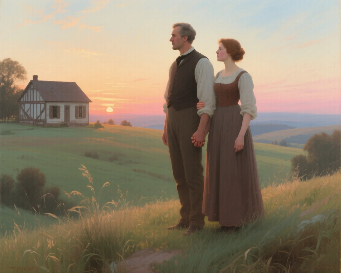 A couple watching a sunset together from a quiet hillside as gentle affection passes easily between generations, set within a sunlit meadow just beyond a quiet farmhouse, with small, telling gestures like a held hand or a shared glance; the arrangement of figures suggests closeness without crowding, suggesting the enduring bonds between generations.
