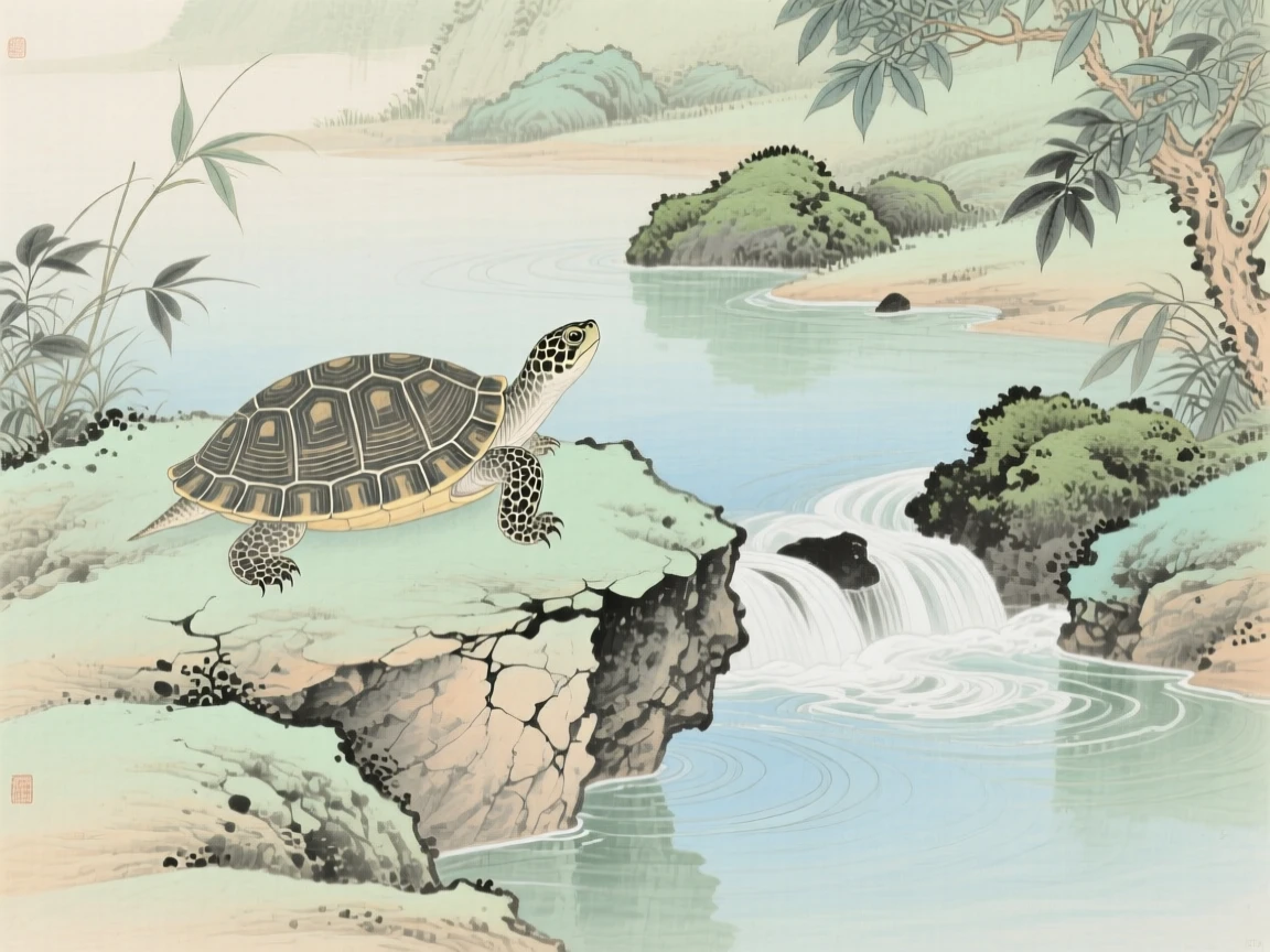 A turtle resting on a sun-warmed rock near the mouth of a quiet mountain stream