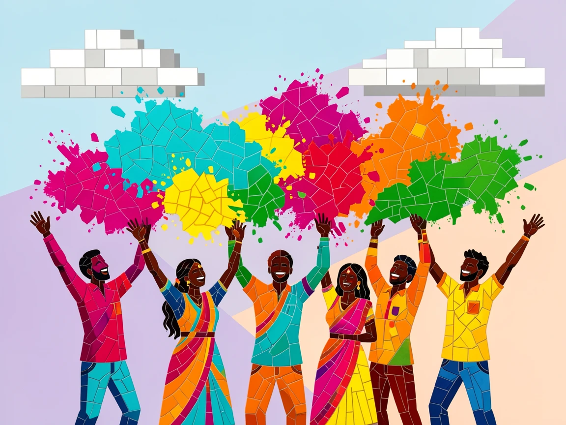 A colorful Holi festival with clouds of bright powder filling the air.