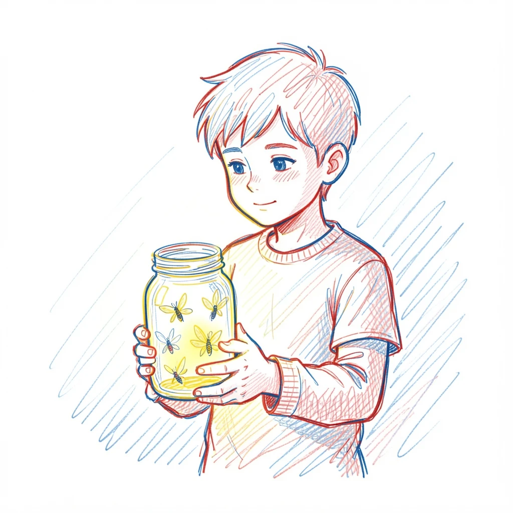 A young boy carefully carrying a jar of caught fireflies at dusk