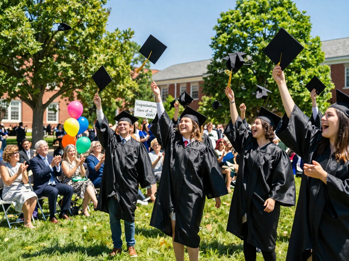 A graduation ceremony with caps thrown into the air