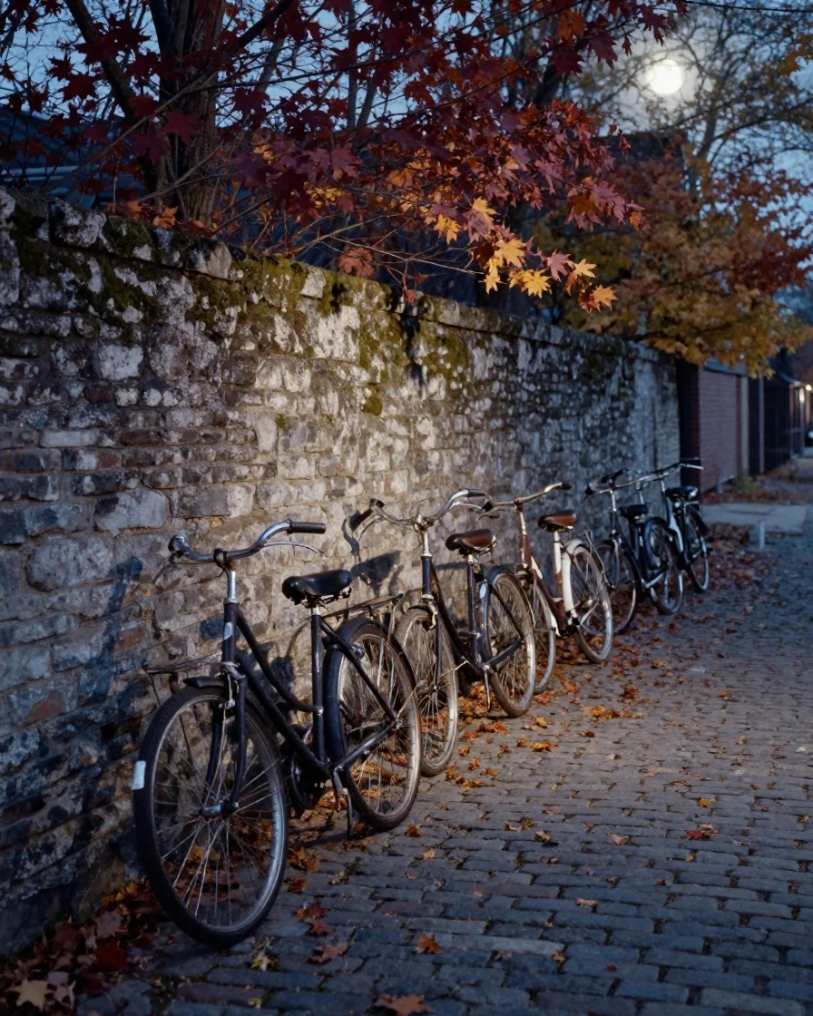 A row of bicycles leaning against a cobblestone wall, under moonlight, in still, windless air, in the mild days of early autumn, with rich burgundy and gold accents, from a slightly elevated vantage point.