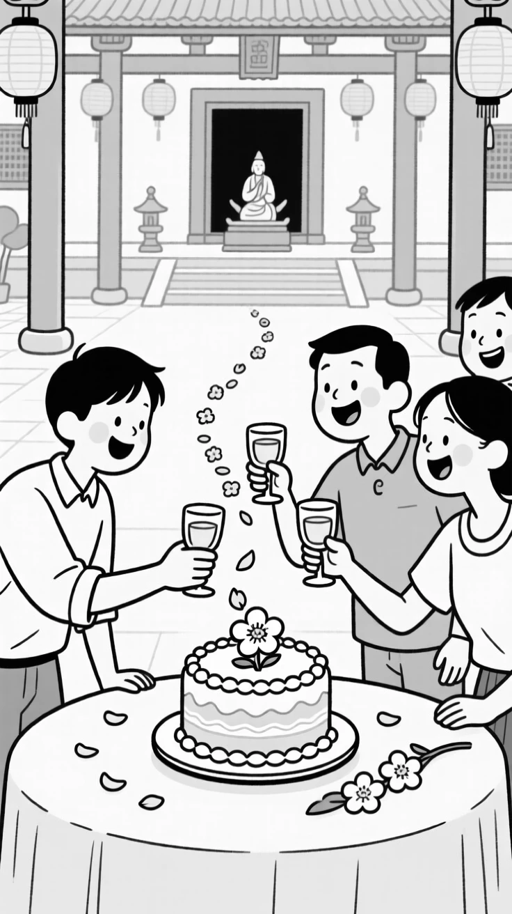 Friends clinking glasses in a joyful toast, adding one final delicate sugar flower to the cake, set at a temple courtyard during a sacred ceremony. A trail of flower petals leads toward the celebration. There's a deep sense of belonging and festivity in the air.