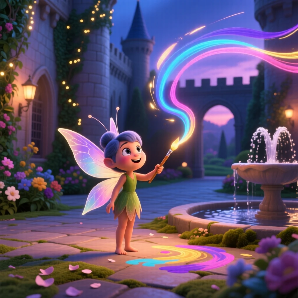 A curious fairy stands in a castle courtyard draped in twinkling vines, painting the sky with swirling colors. A gentle sense of wonder radiates through the air, with soft glowing light illuminating every surface.