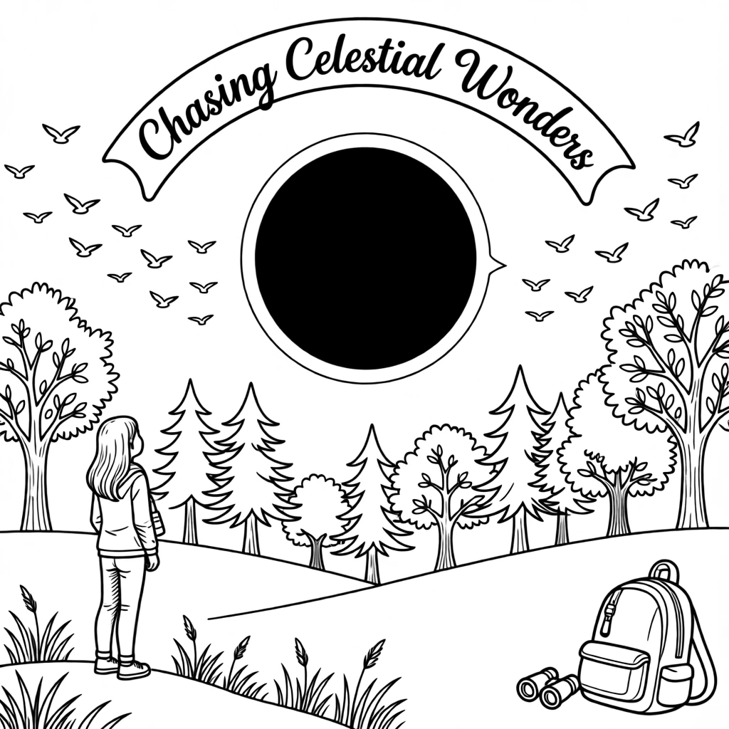 A solar eclipse casting a ring of light around the moon, with birds circling high above the treetops.