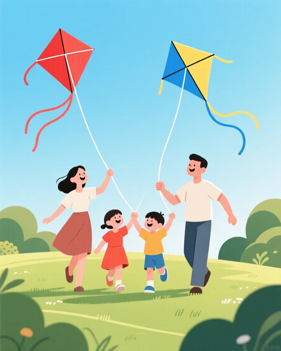 A family flying kites together in the garden.
