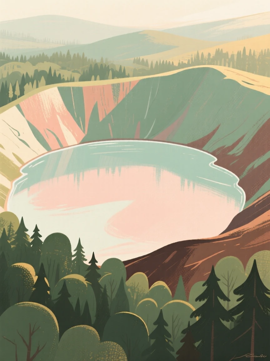 A volcanic crater lake surrounded by dense green forest