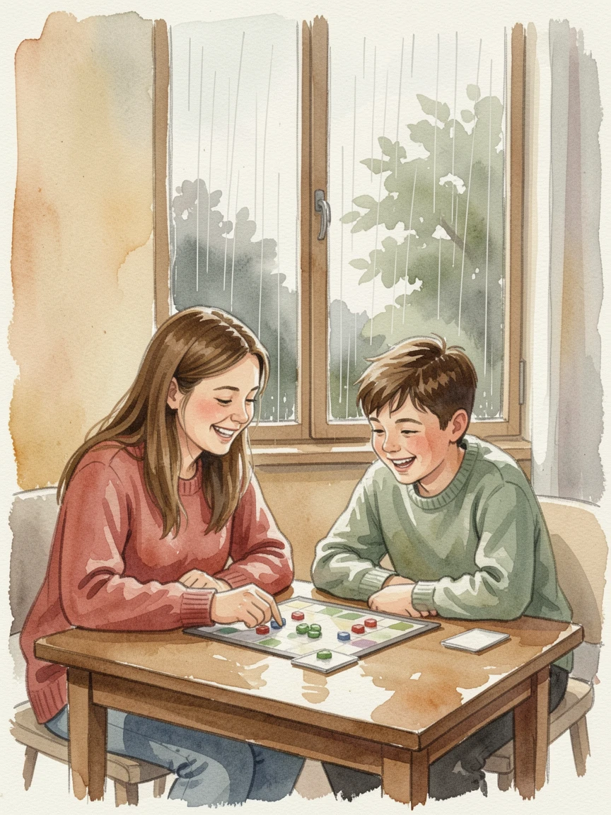 Cousins playing board games on a rainy afternoon with warm smiles all around.