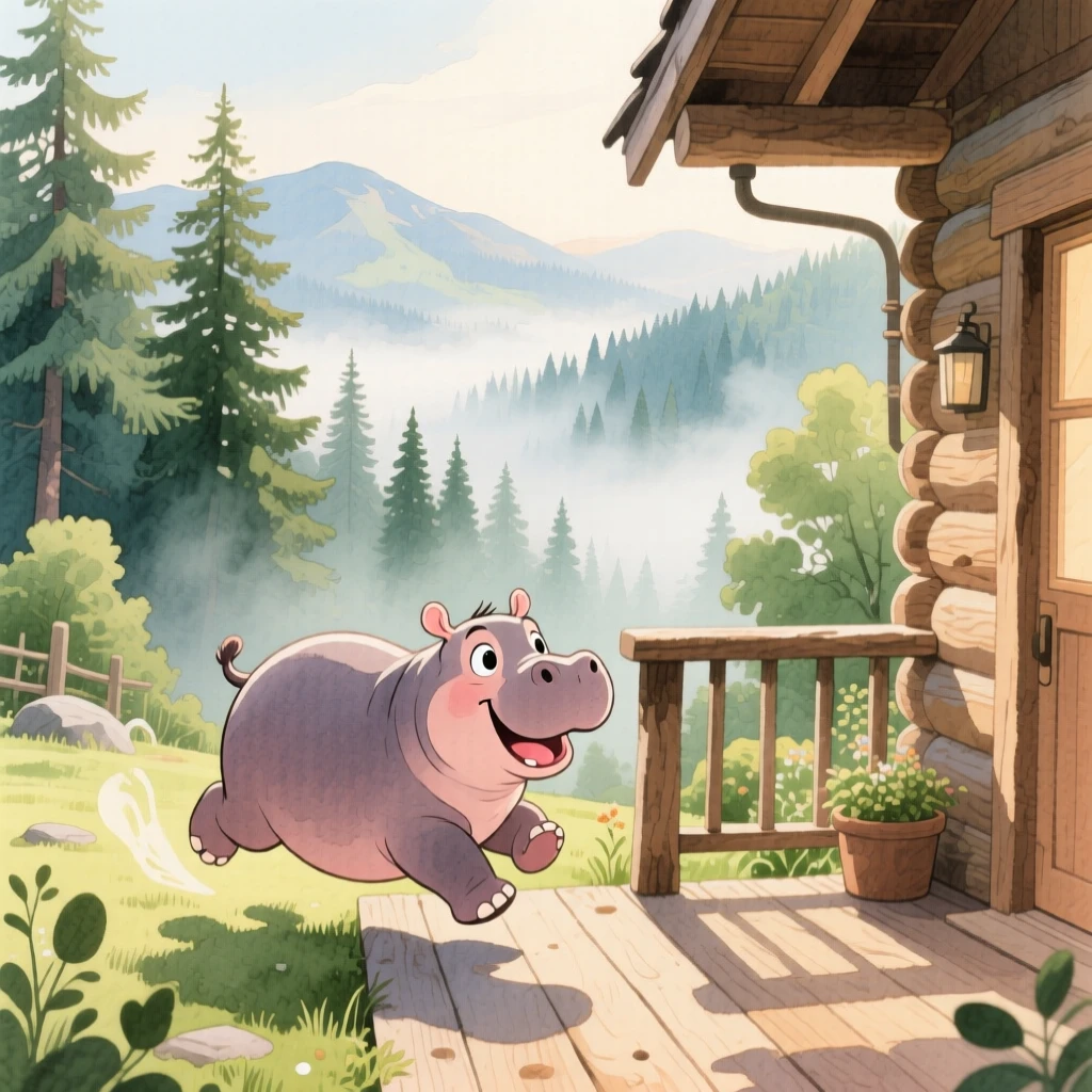 A baby hippo chasing its own tail in a sunny backyard, set in a mountain cabin porch overlooking misty pines, showing unconditional love and loyalty.