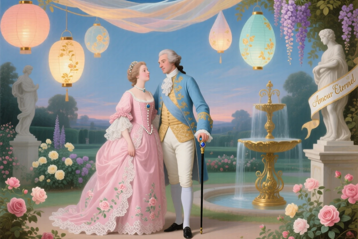 A royal couple standing beneath a canopy of floating lanterns  