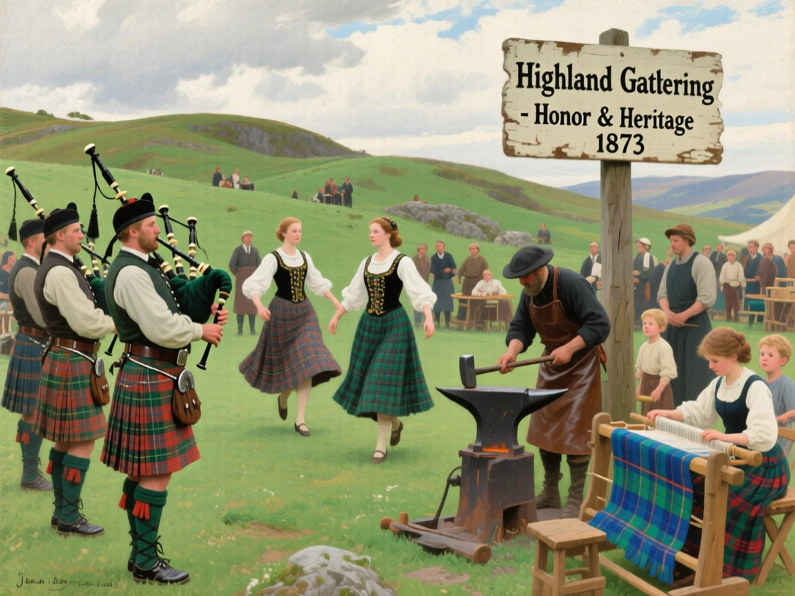 A Scottish Highland gathering with bagpipers and dancers in traditional dress, capturing the customs and craftsmanship unique to the era, honoring the customs, craftsmanship, and spirit of the time