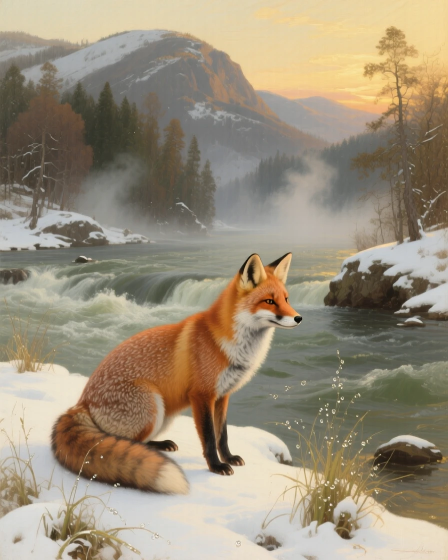 A curious fox pausing at the edge of a snow-dusted forest as the golden light of dawn or dusk catches every detail, set beside a rushing river cutting through ancient hills, with dew-covered grass, drifting mist, and soft golden light; a low, respectful vantage point lends the creature quiet majesty, capturing a quiet, breathtaking moment of wild grace.