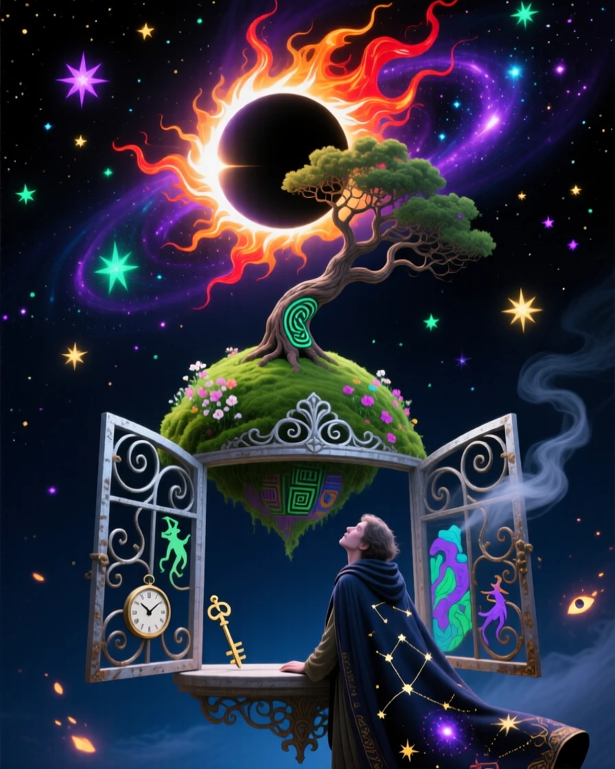 A solar eclipse framing a lone tree on a distant hilltop spins gently at the center of an infinite dark sky, while a lone traveler watches from an open window.