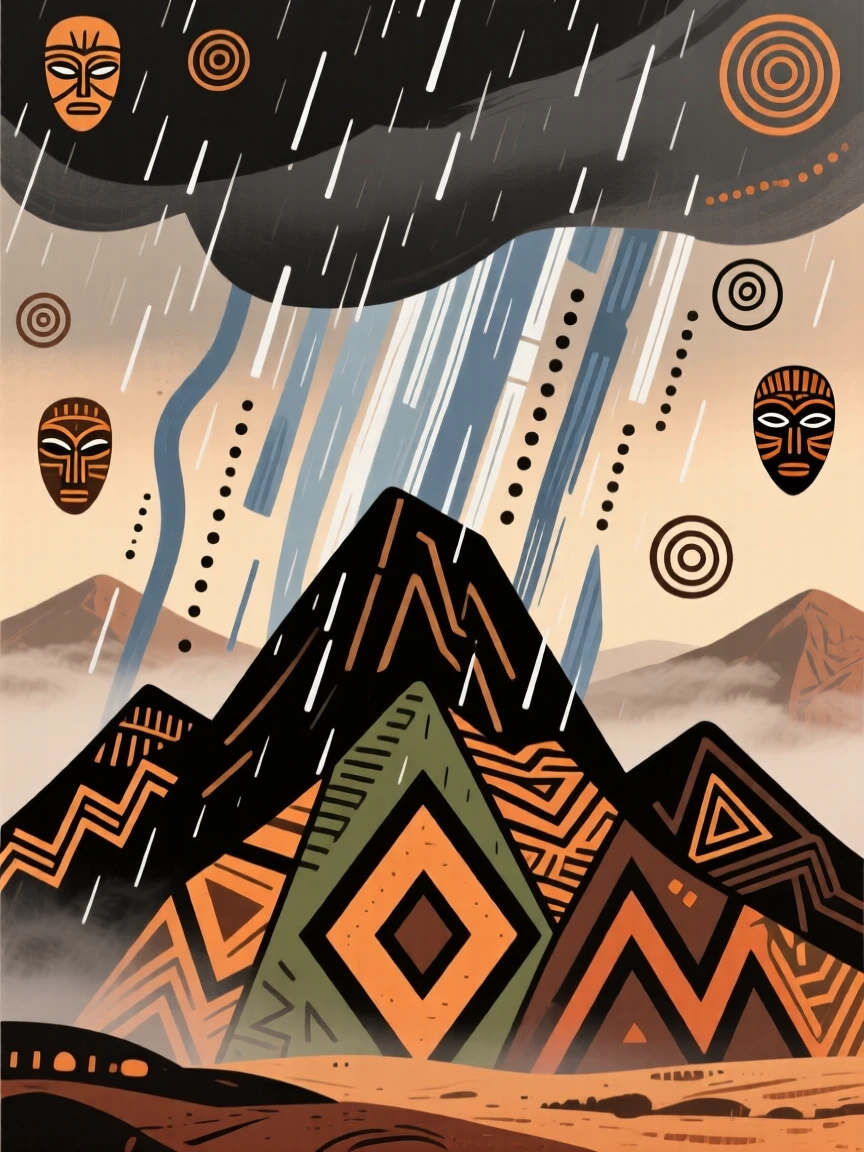 A sudden rainstorm above distant misty mountains.