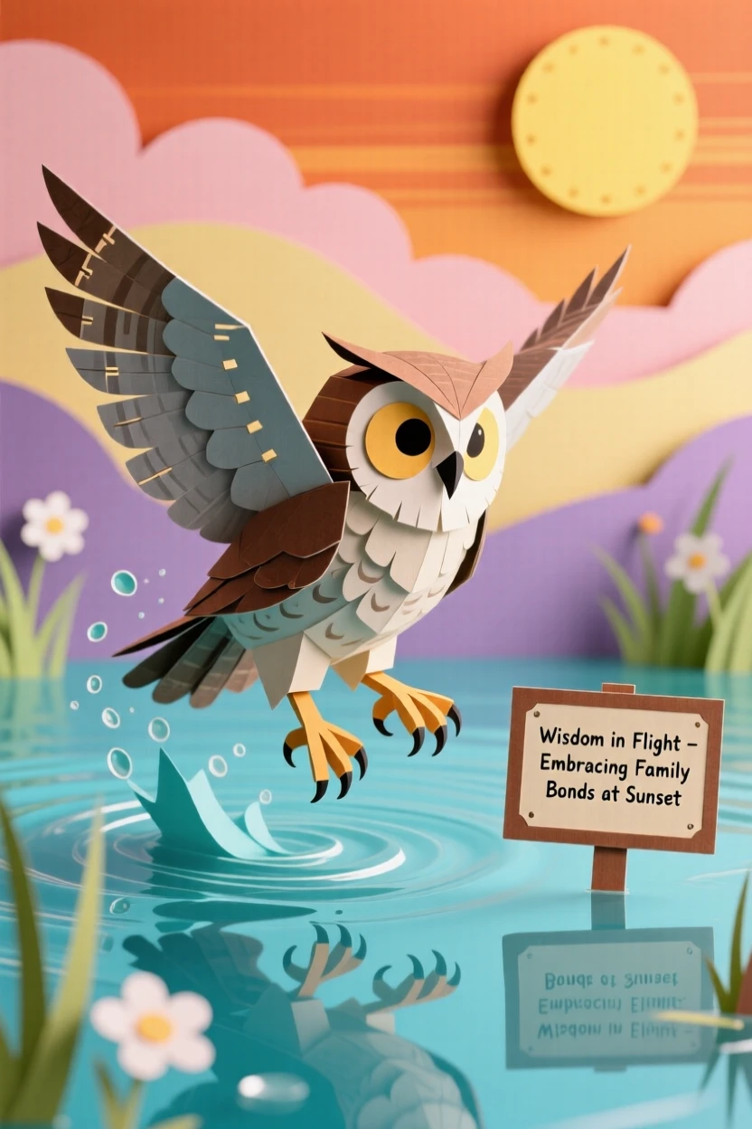 A wise old owl leaping through shallow water, with warm sunset colors filling the sky, evoking tenderness and family bonds.