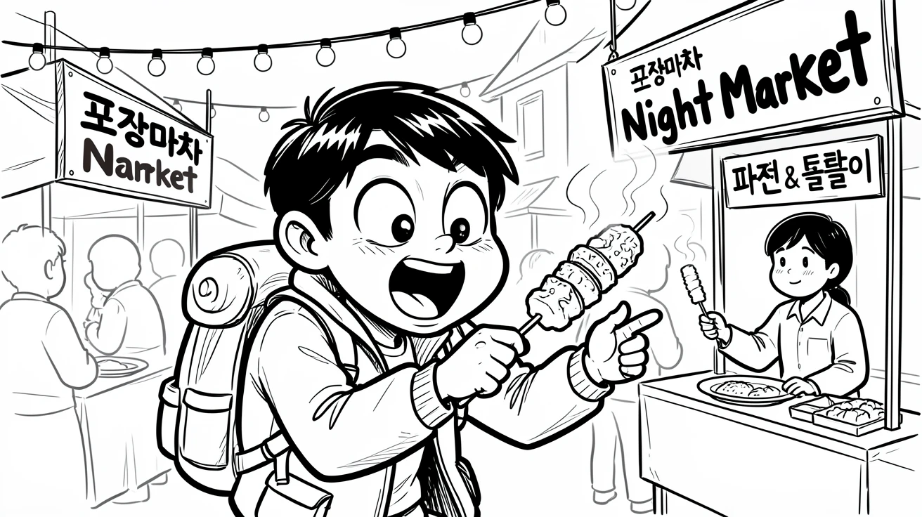 [Travel & Cultural Experiences] Vivid travel scene of a traveler sampling street food at a lively night market in Seoul, full of wonder and adventure