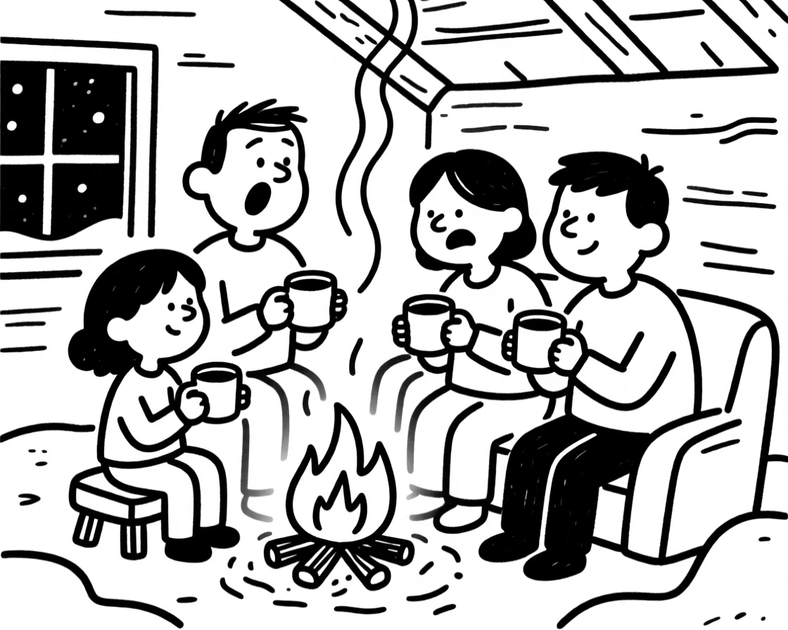 A cozy winter cabin scene with a family drinking hot cocoa by a crackling fire.
