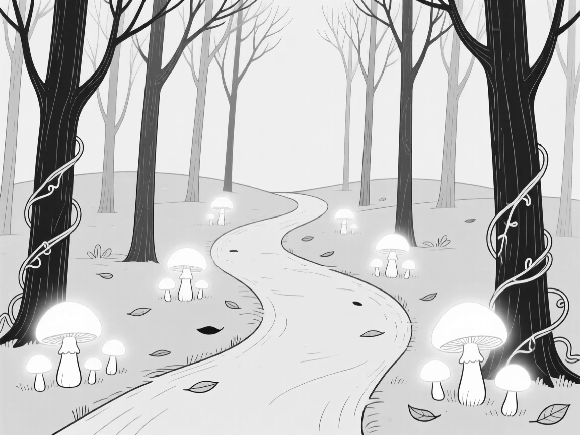 An enchanted forest path lined with glowing mushrooms