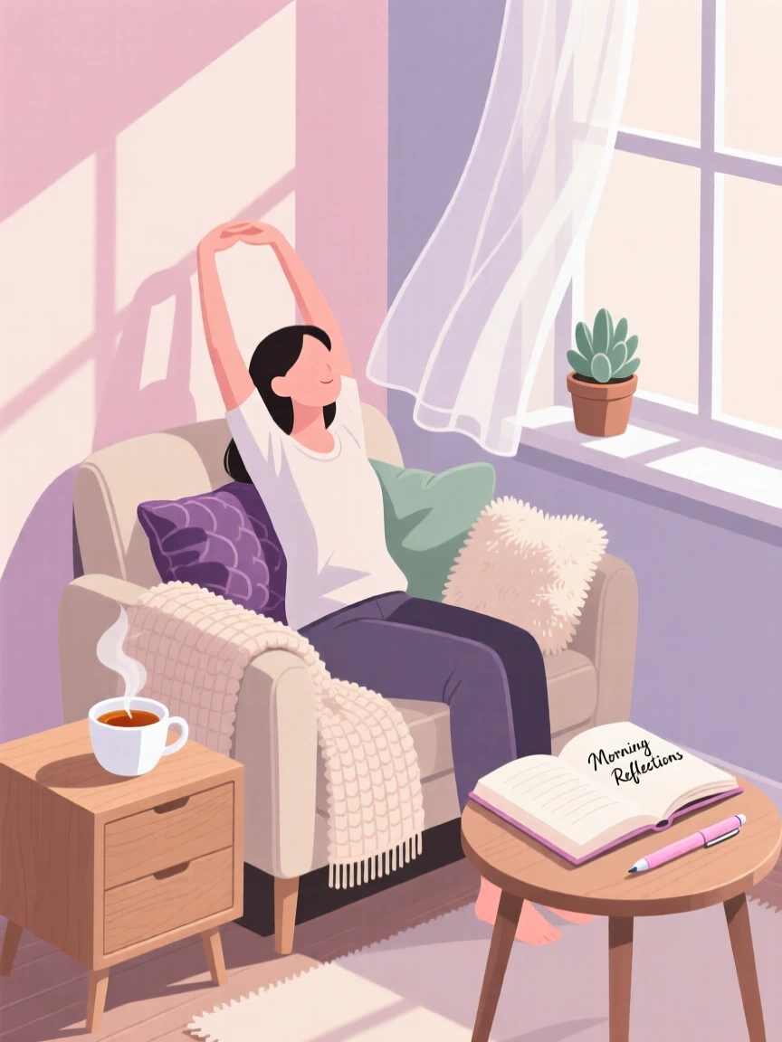 A quiet morning routine with stretching, tea, and journaling, arranged in a cozy corner filled with soft textures, composed with soft natural light falling diagonally across the scene, with gentle pastel tones evoking calm and comfort.