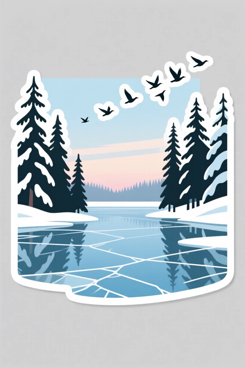 A peaceful frozen lake surrounded by snowy pines, with birds flying across the sky, as the seasons begin to change.