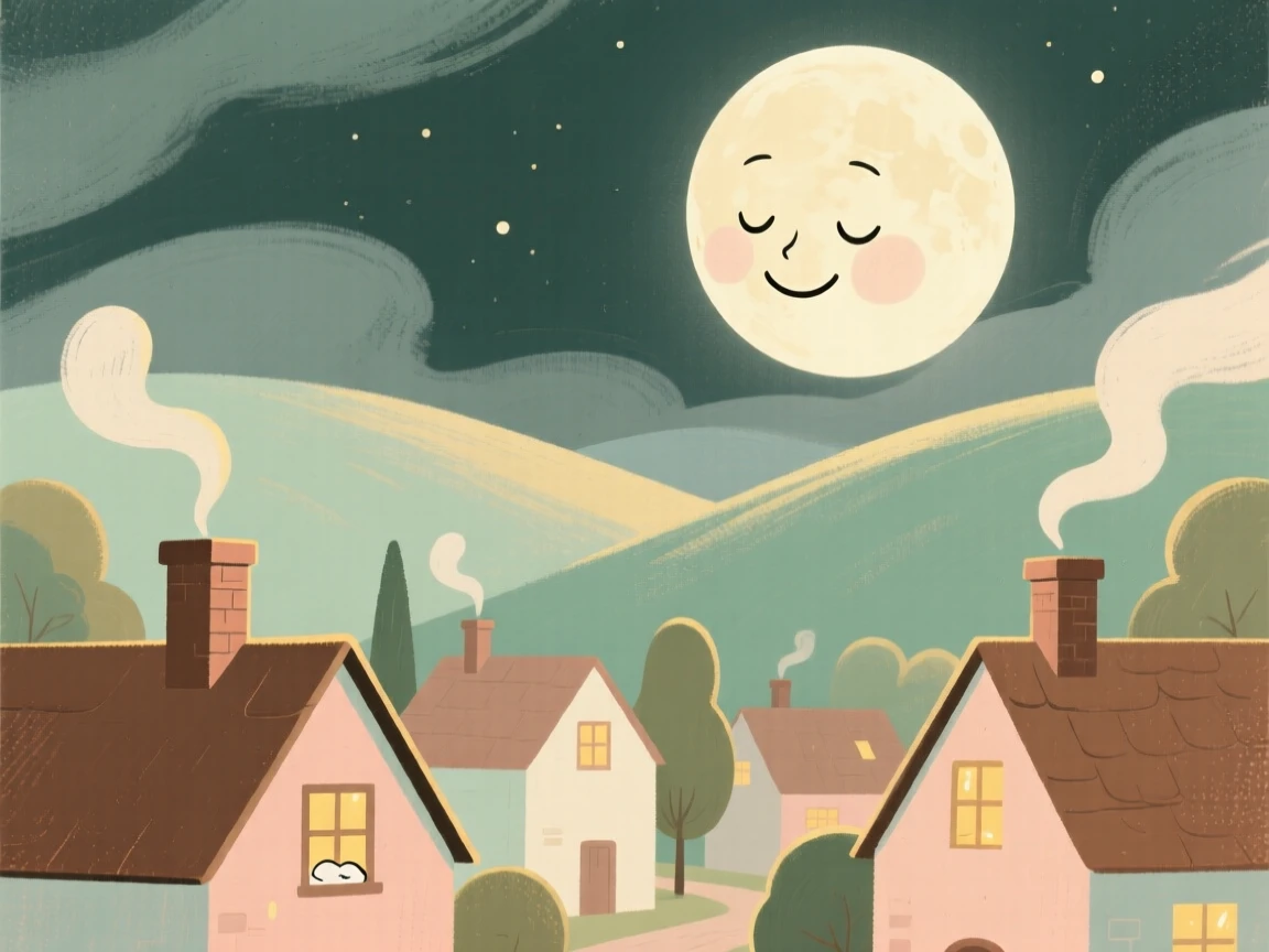 A whimsical scene of the moon smiling down on a sleeping village